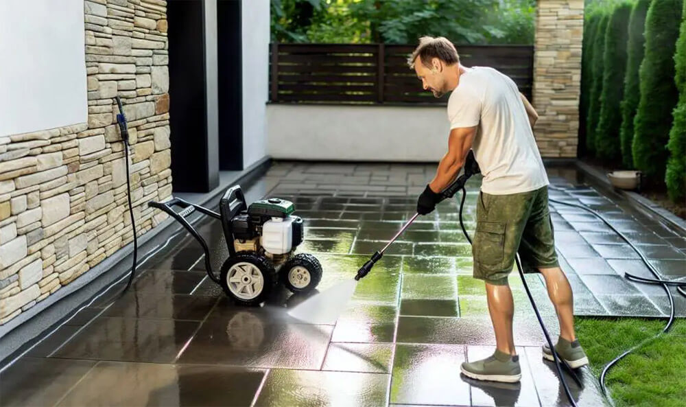 how to clean your garden patio using a pressure washer